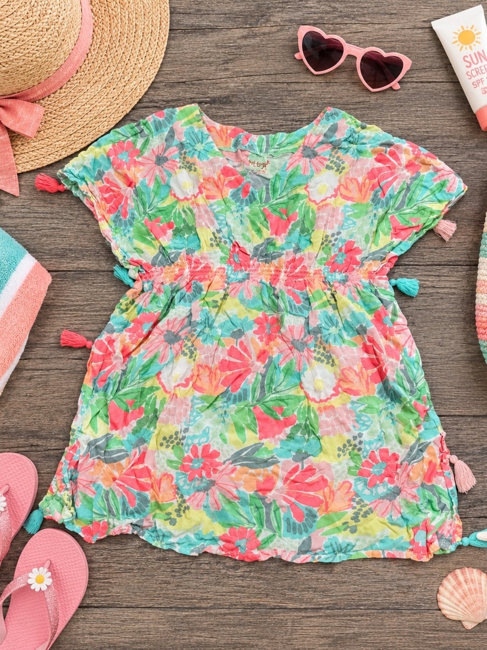 Cat & Jack Coral, Green & Aqua Floral Tassel Swimsuit Cover